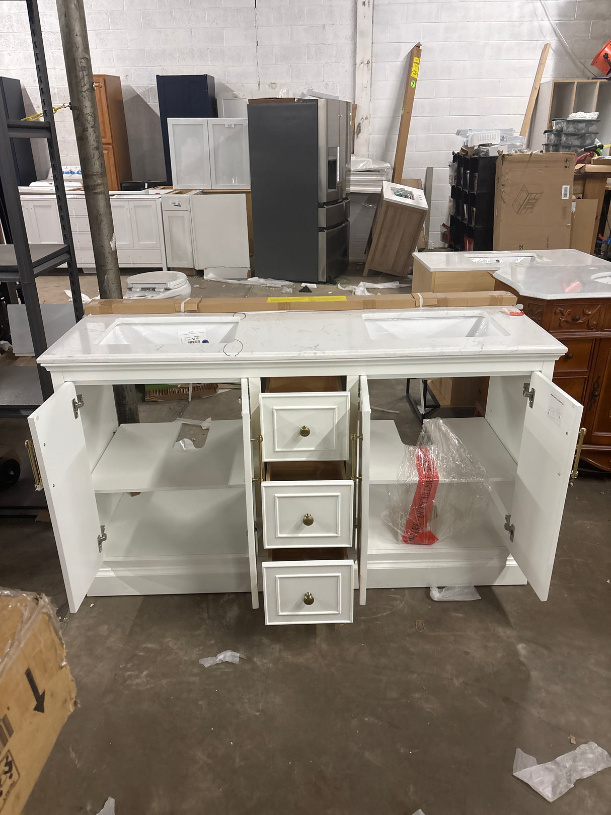 Ravenscroft 61 in. Double Sink White Swan Bath Vanity with Carrara White Engineered Stone Top (Assembled)