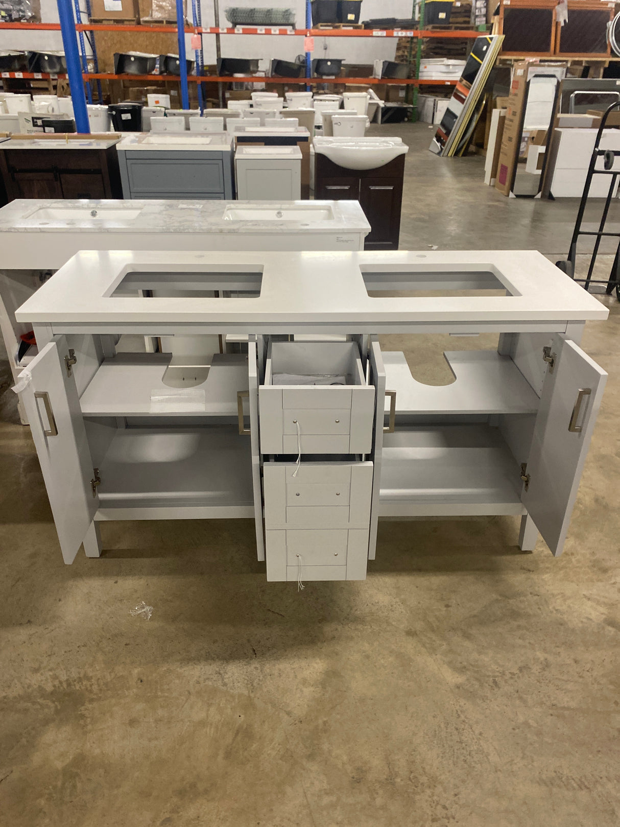 Sepal 60 in. Double Sink Dove Gray Bath Vanity with White Engineered Marble Top (Assembled)