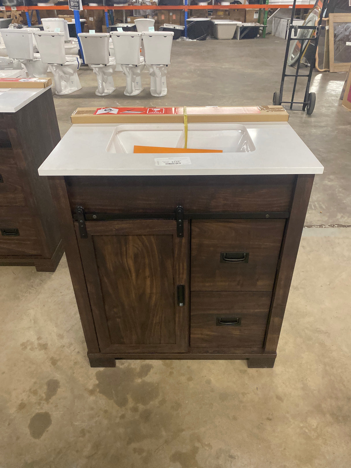 Brindley 30 in W x 20 in D x 35 in H Single Sink Freestanding Vanity in Dark Walnut w/ Veined White Engineered Stone Top