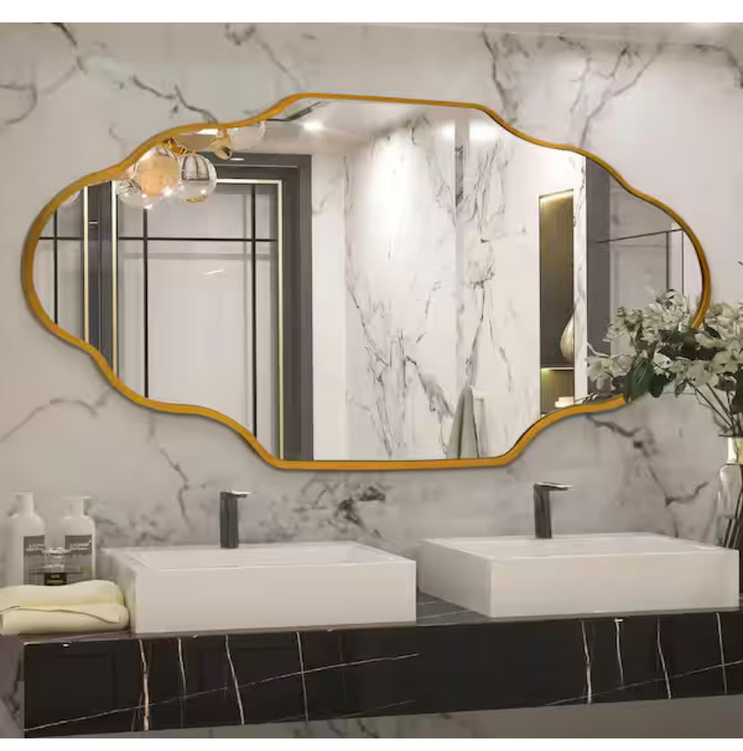 24 in. W x 36 in. H Scalloped Gold Aluminum Alloy Framed Wall Mirror Irregular Decor Mirror for Living Room, Bathroom