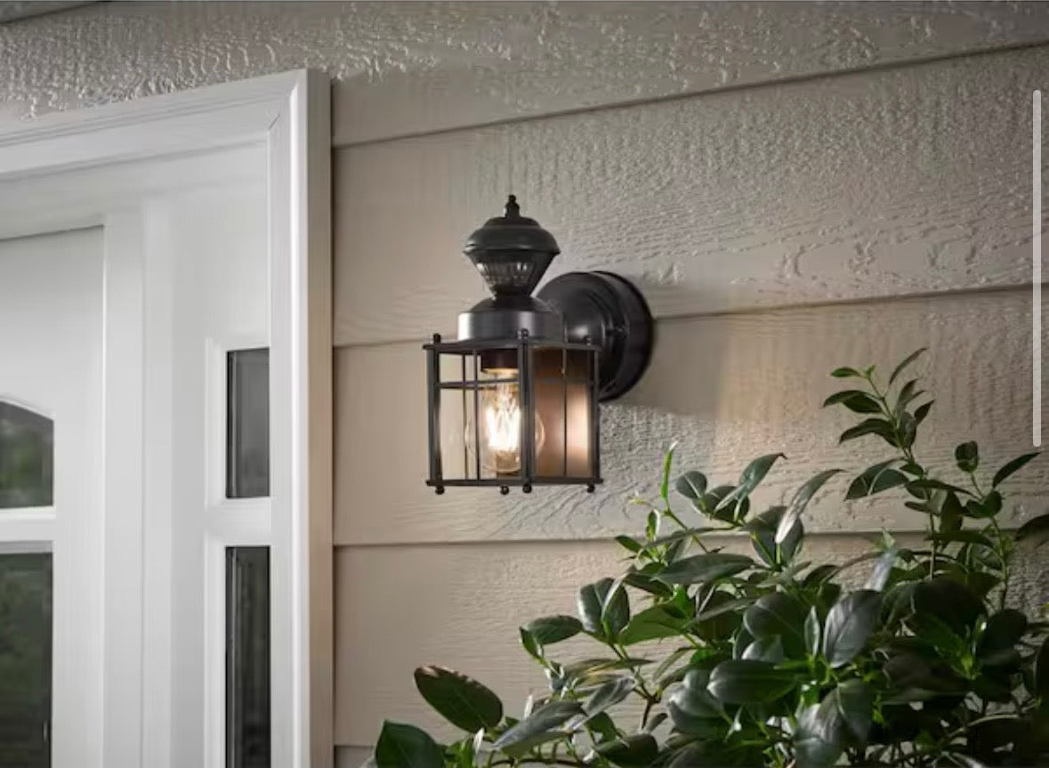 Bayside 9.5 in. 1-Light Farmhouse Matte Black Motion Sensing Outdoor Wall Light Lantern Sconce with Clear Glass Shade