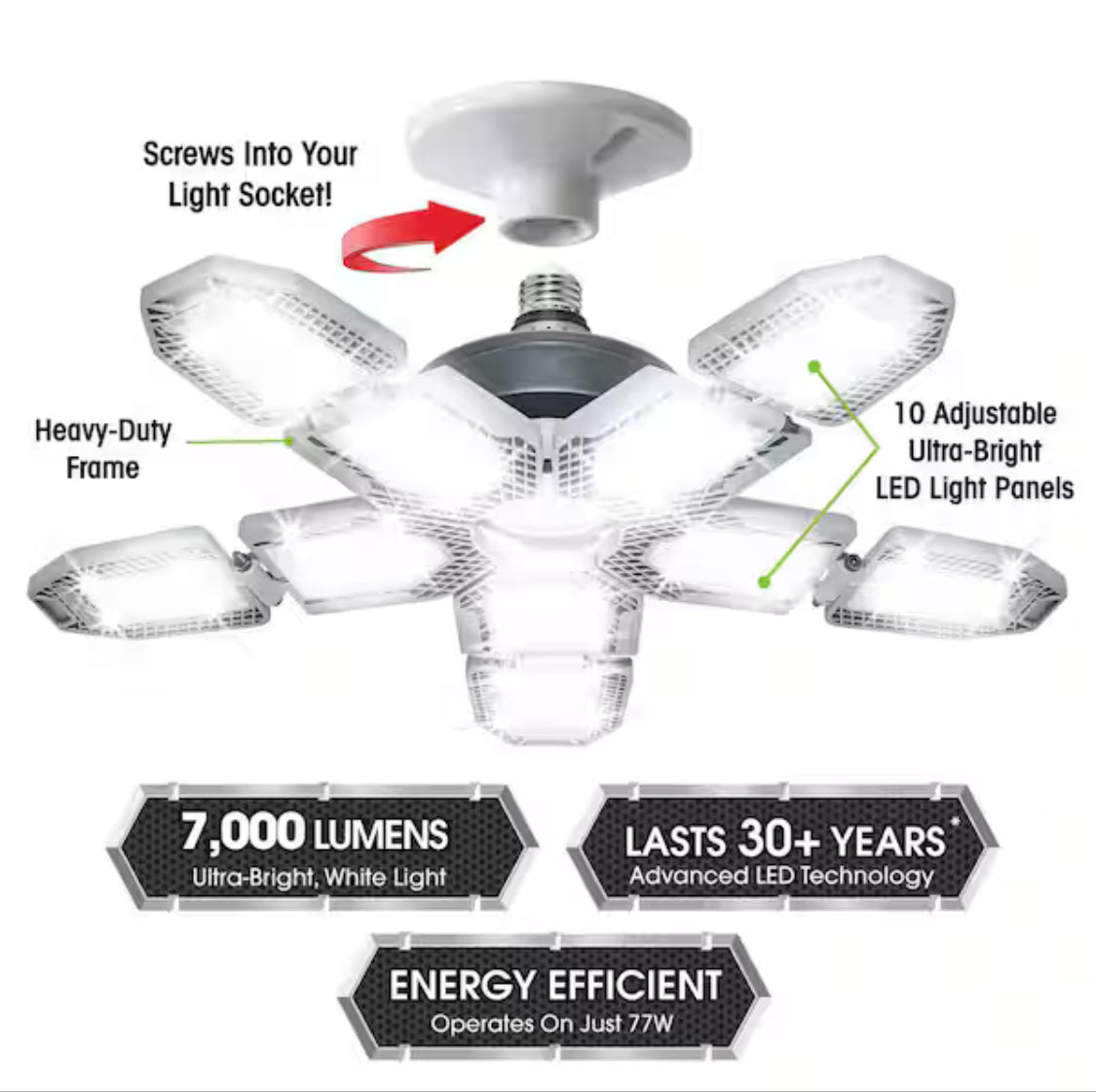 60-Watt Ultra Bright LED Light Bulb 6500K with 10 Adjustable Light Panels