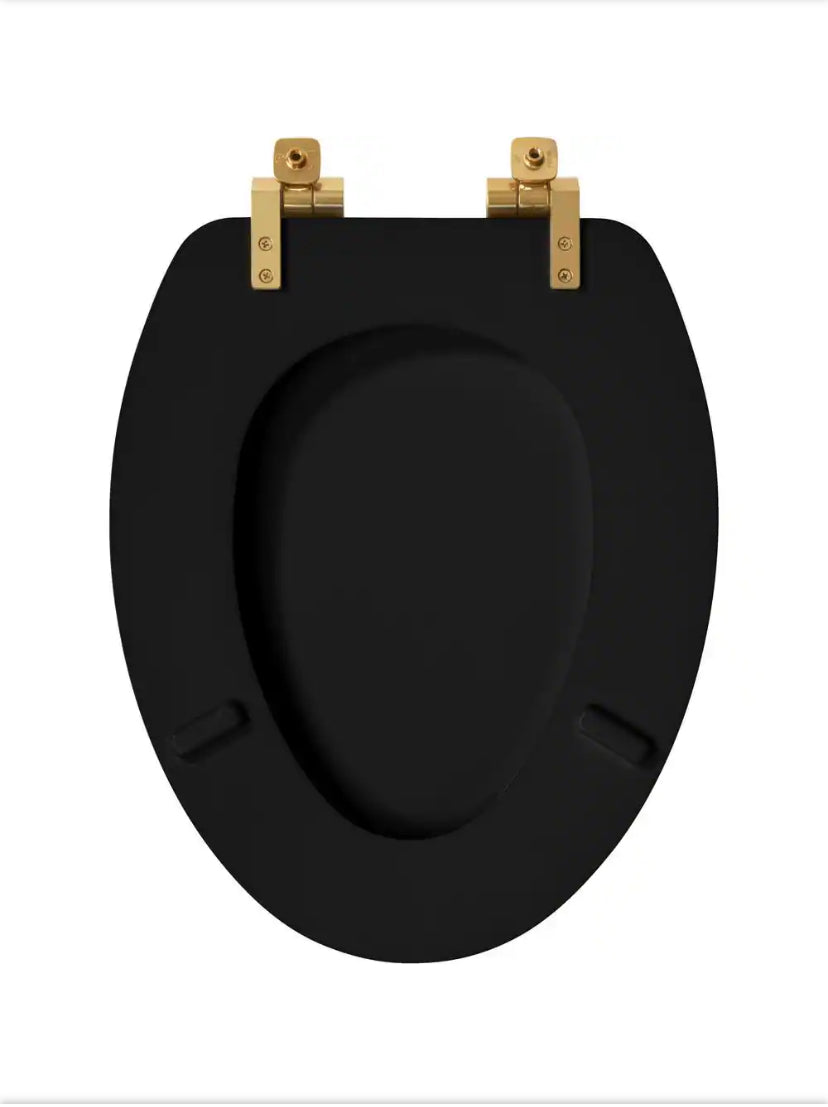 Weston Elongated Soft-Close Never-Loosens Brushed-Gold-Hinge Enameled Wood Toilet Seat in Black