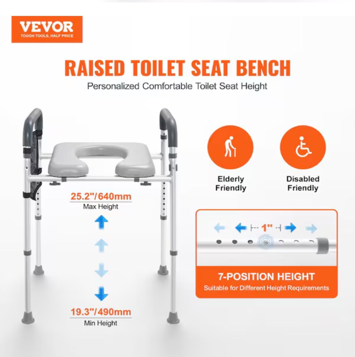 Raised Toilet Seat 7-Position Height Adjustment 19.3 - 25.2 in. 350 lbs. Weight Capacity Non- Electric Waterless Toilet