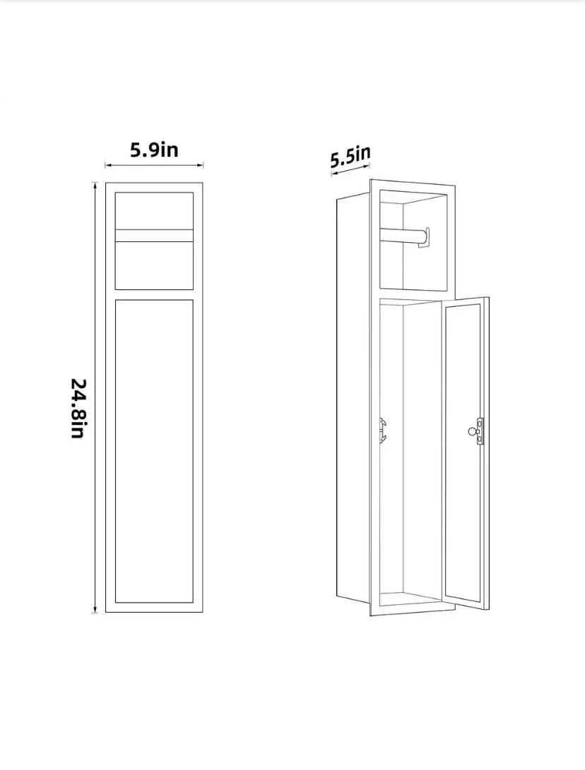 6 in. W x 25 in. H x 5.5 in. D Recessed Toilet Brush Holder with Cabinet, Shower Niche Toilet Paper Holder in Black