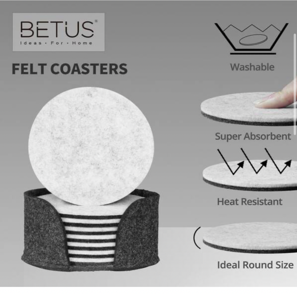 4 in. Dia Round Black Felt Coasters with Holder (Set of 8)