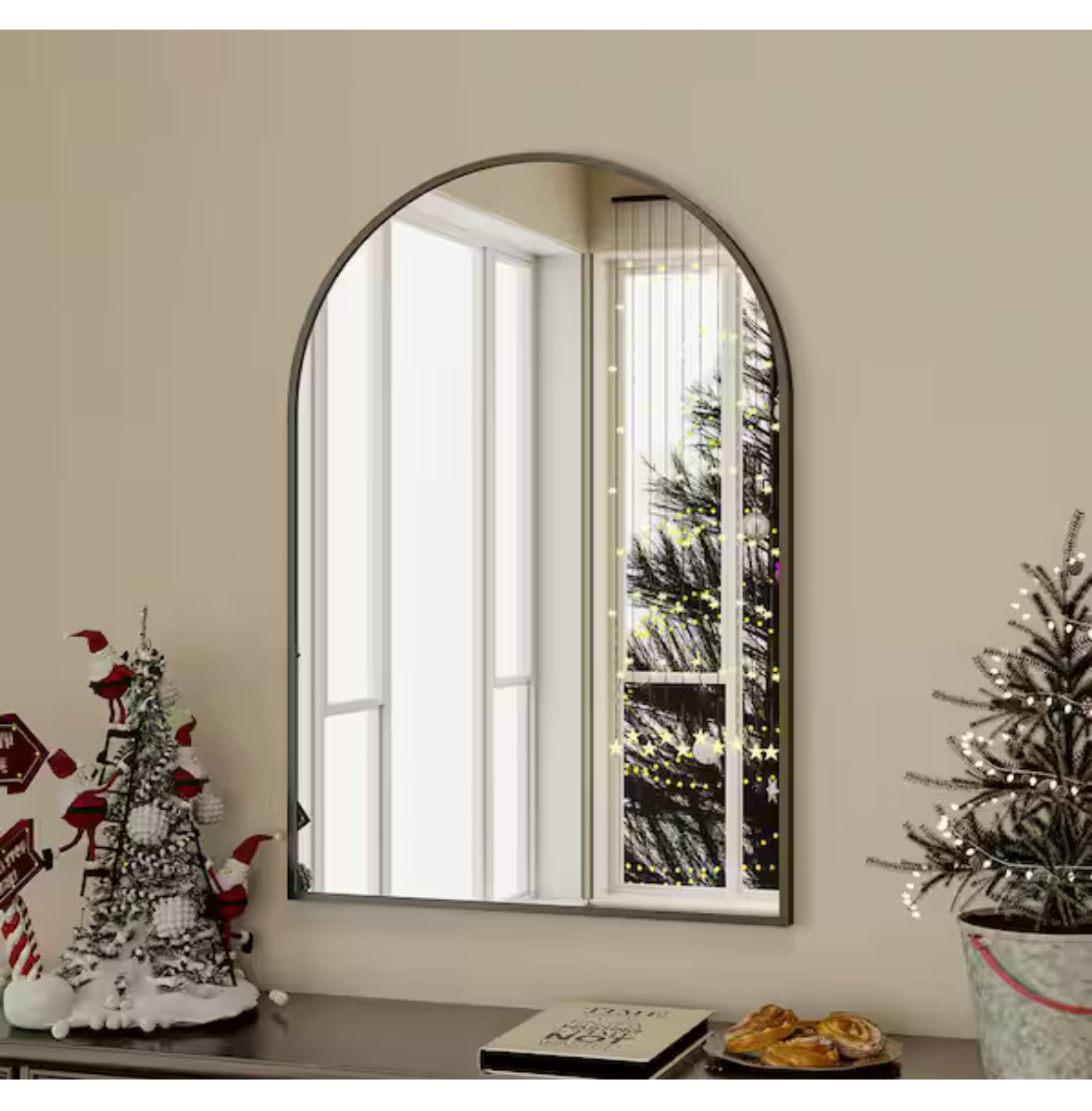 24 in. W x 36 in. H Arched Black Aluminum Alloy Framed Wall Mirror