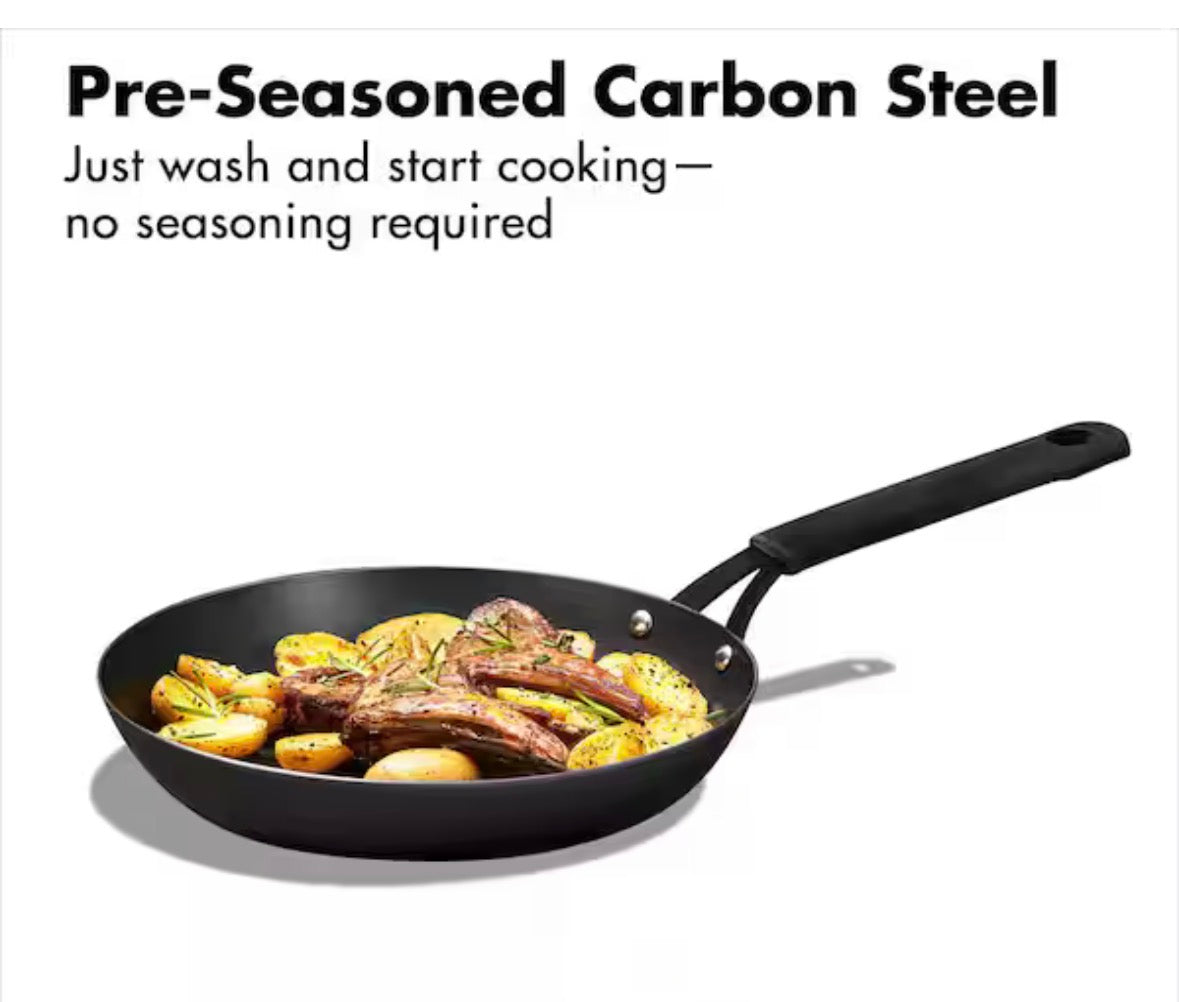 Black Steel 10 in. Pre-Seasoned Carbon Steel Induction Safe Frying Pan with Silicone Sleeve in Black