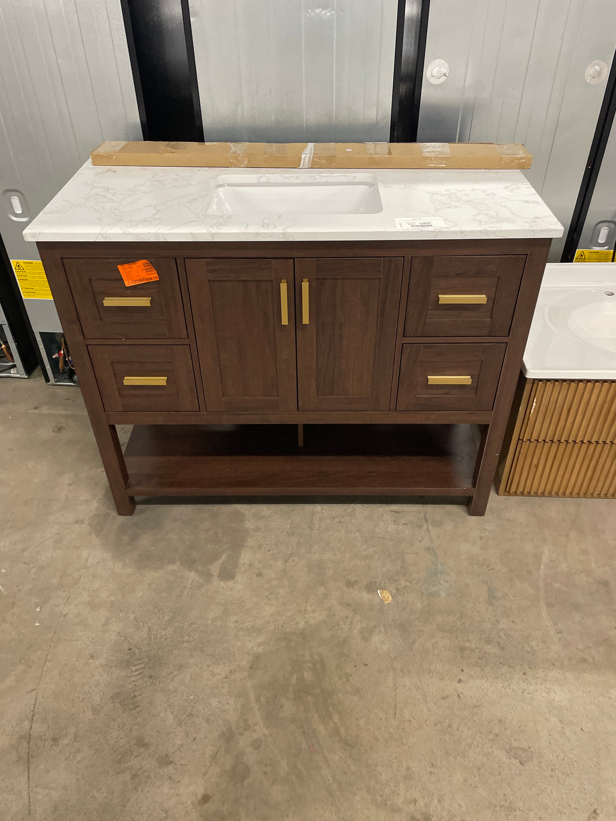 Sonia 43 in. Single Sink Freestanding Walnut Bath Vanity with White Engineered Stone Top and Backsplash Assembled