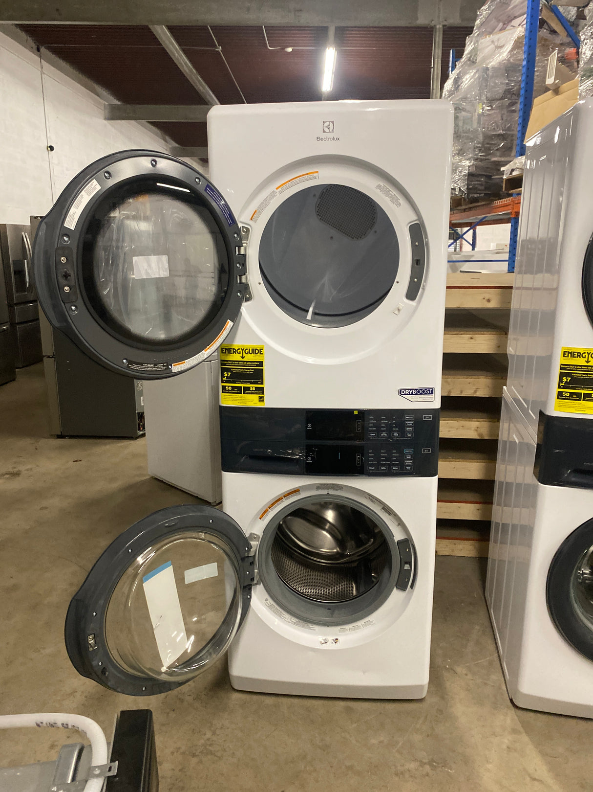 4.4 cu. ft. Stacked Washer and 8.0 cu. ft. Gas Dryer Laundry Tower in White with LuxCare Wash, Energy Star