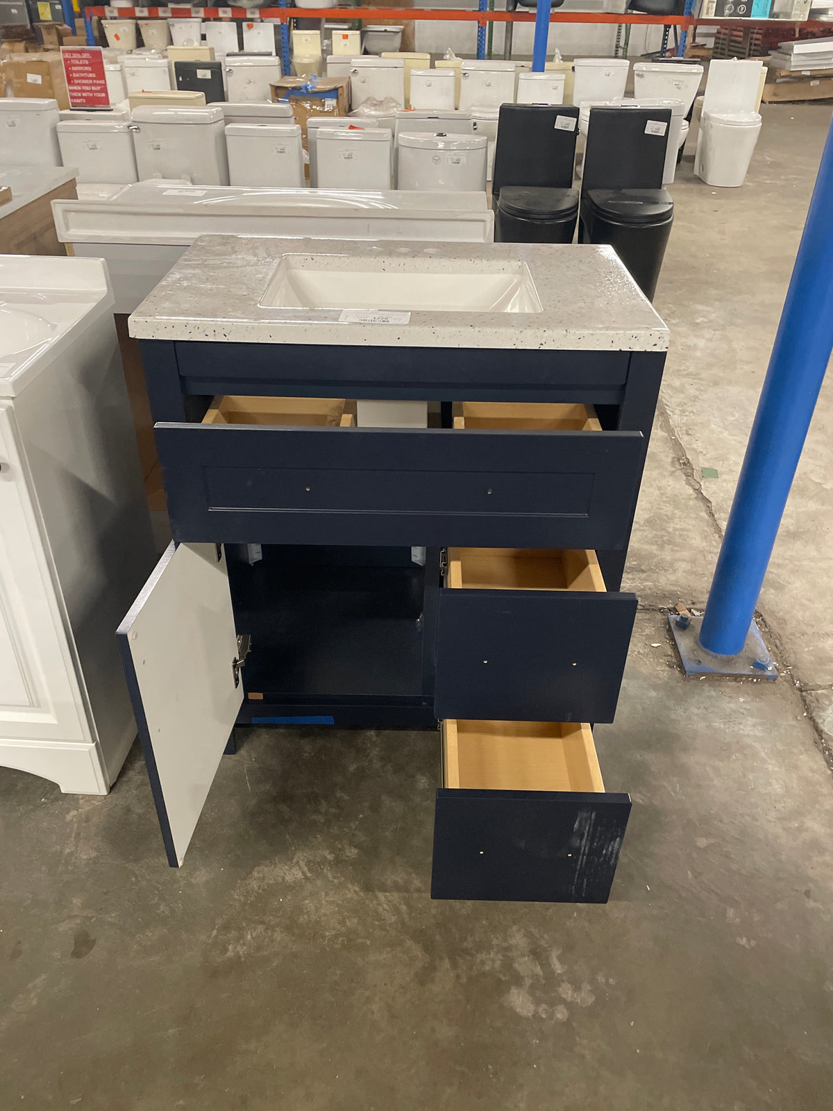 Clady 31 in. W x 19 in. D x 35 in. H Single Sink Bath Vanity in Deep Blue with Silver Ash Cultured Marble Top