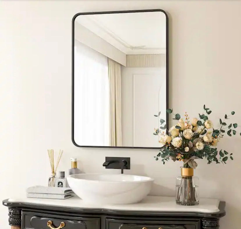 24 in. W x 36 in. H Rectangular Aluminum Alloy Framed Rounded Black Wall Mirror