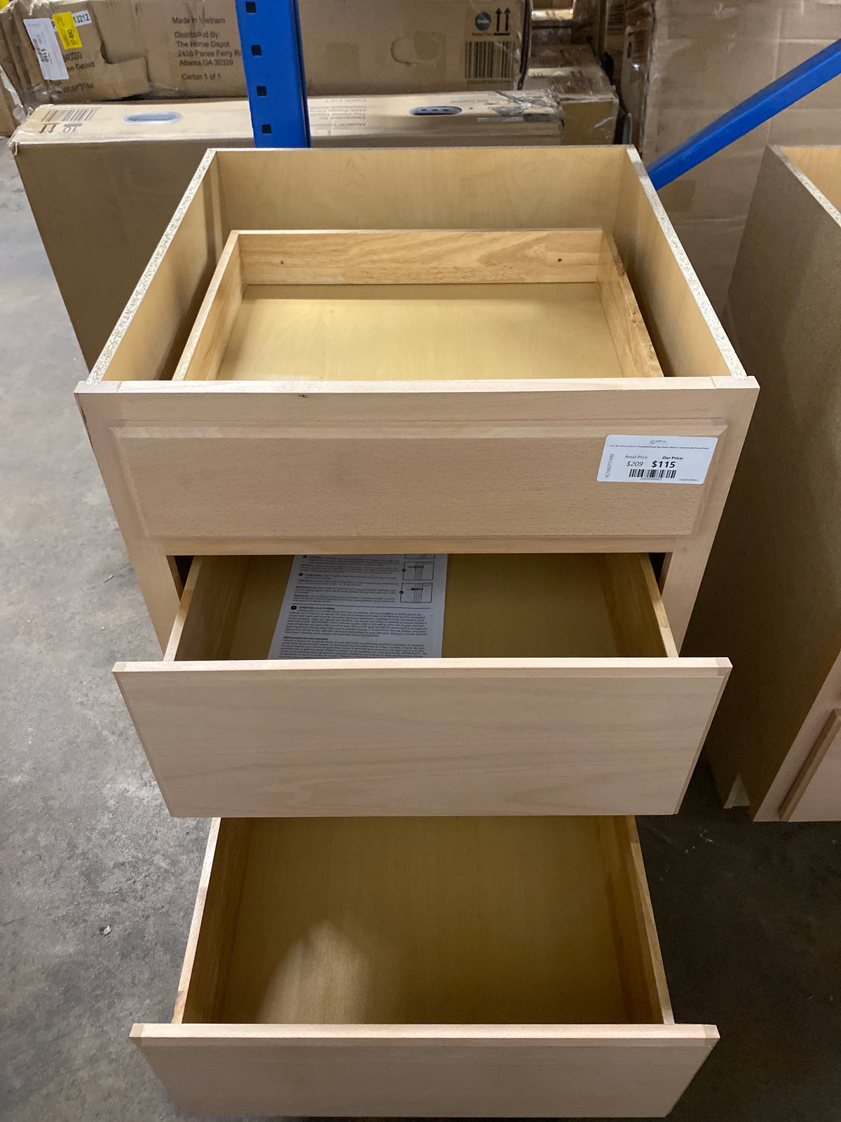 24 in. W x 24 in. D x 34.5 in. H Assembled Drawer Base Kitchen Cabinet in Unfinished with Recessed Panel