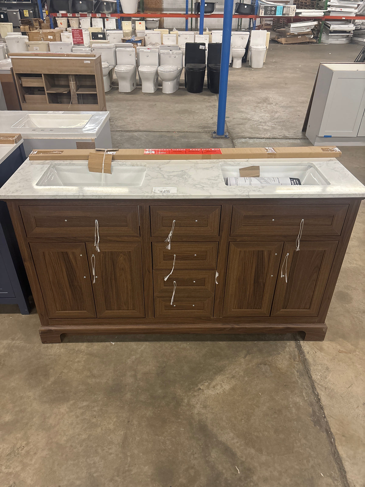 Doveton 60 in. Double Sink Freestanding Dark Walnut Bath Vanity with White Engineered Marble Top (Assembled)