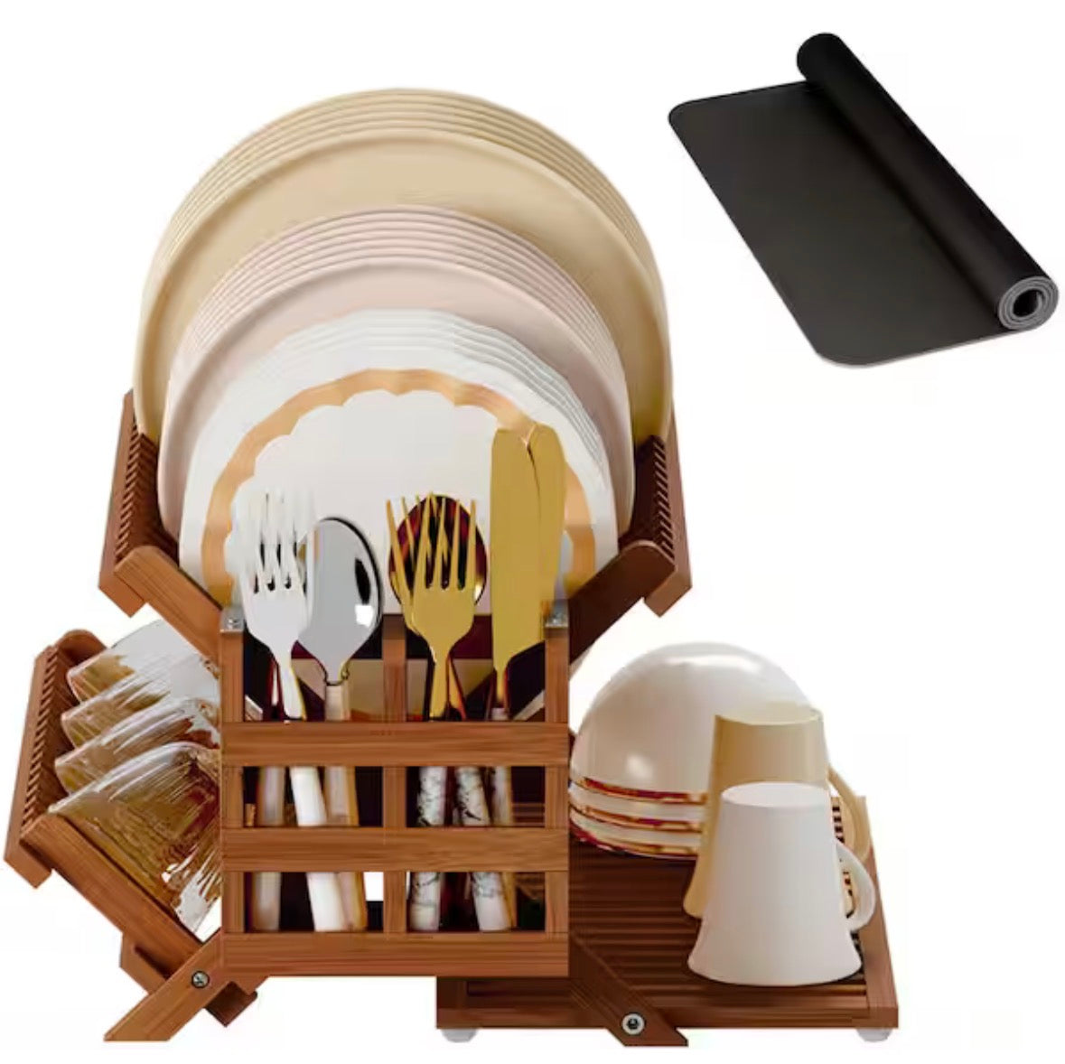 Teak Bamboo Dish Drying Rack with Utensil Holder, 3-Tier Counter Collapsible Dish Rack with Absorbent Dish Drying Mat