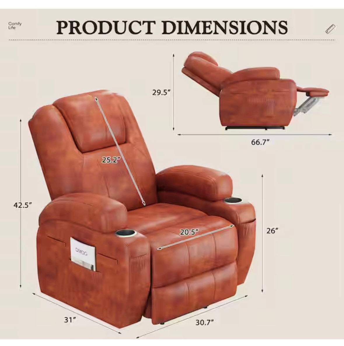 Brown Leather Standard (No Motion) Recliner with Power Lift