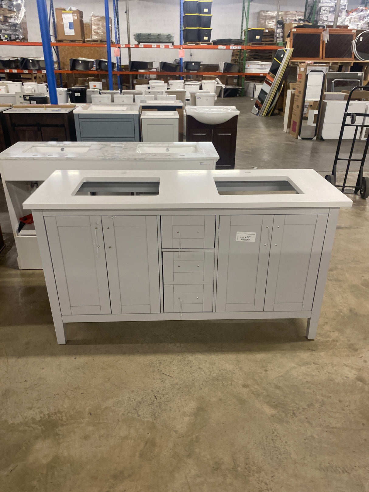 Sepal 60 in. Double Sink Dove Gray Bath Vanity with White Engineered Marble Top (Assembled)