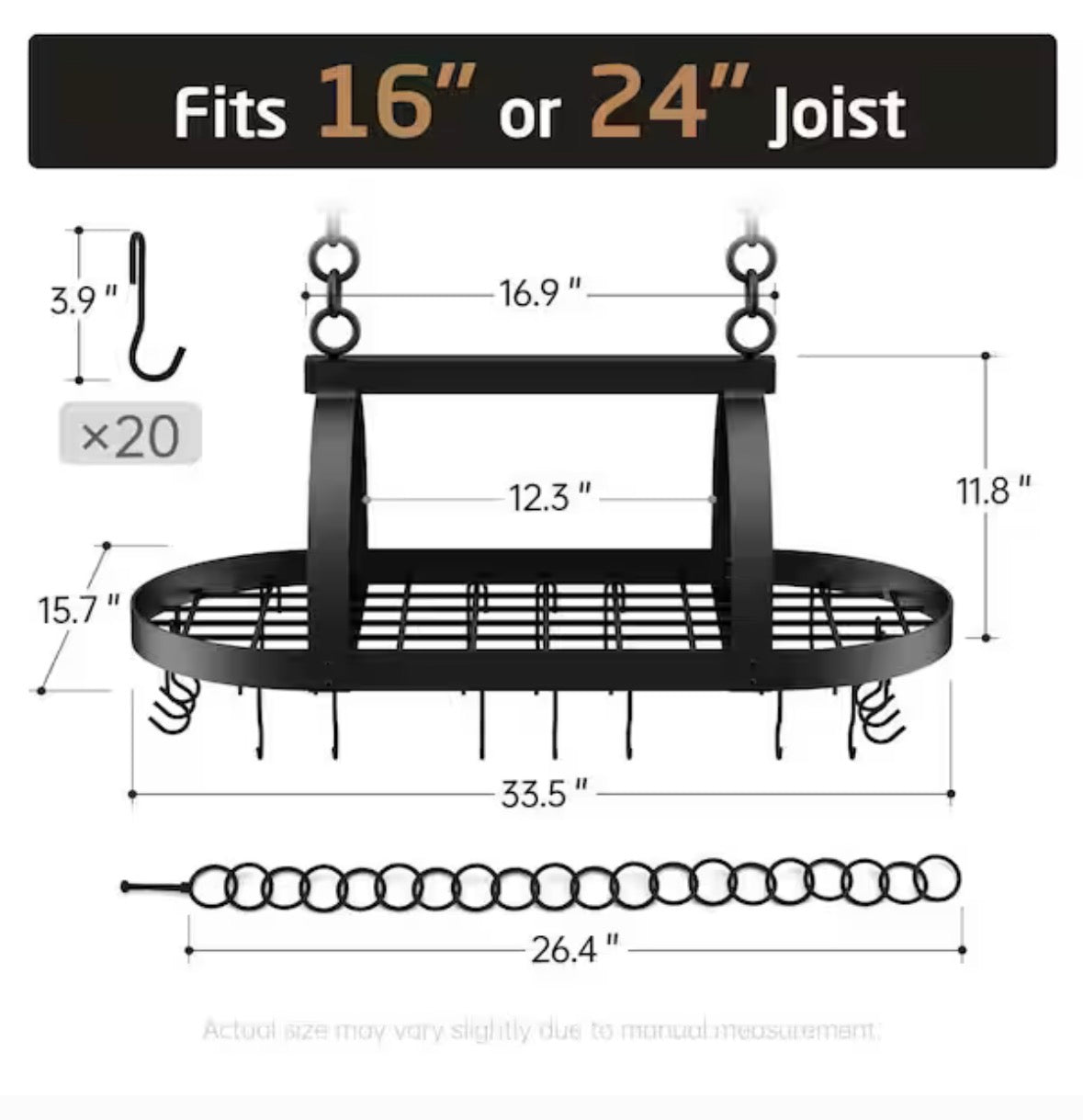 Matte Black Ceiling Oval Pot Rack for Kitchen with 20 S Hooks