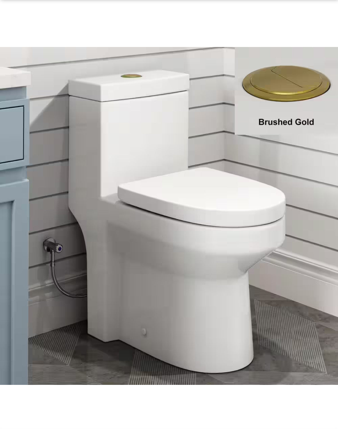 1-Piece 1.1/1.6 GPF Compact Dual Flush Round Toilet in White, Seat Included, with Brushed Gold Button