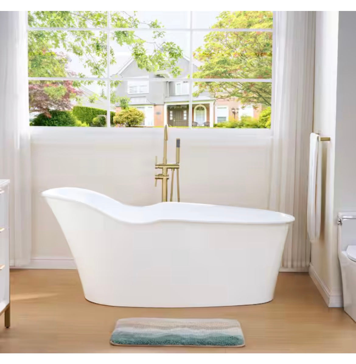 Wave 66 in. x 33 in. Acrylic FlatBottom Freestanding Soaking Bathtub with Drain and Overflow in White