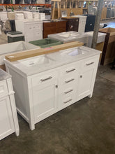 Load image into Gallery viewer, Jasper 54 in. W x 22 in. D Bath Vanity in White with Engineered Stone Vanity Top in Carrara White with White Basins
