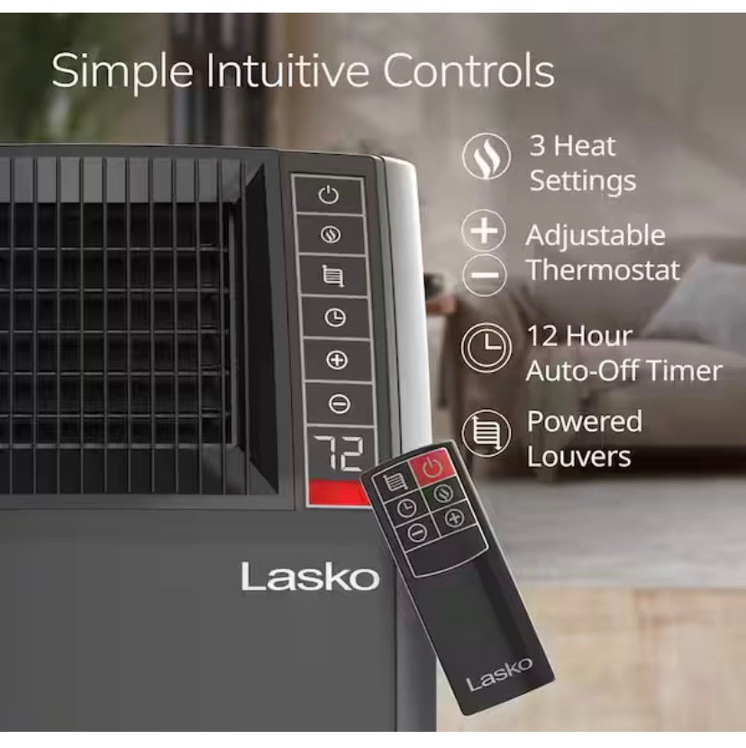 1500-Watt 20 in. Black Electric Console Ceramic Space Heater with Tip-Over Switch, Adjustable Louvers, Timer, Remote