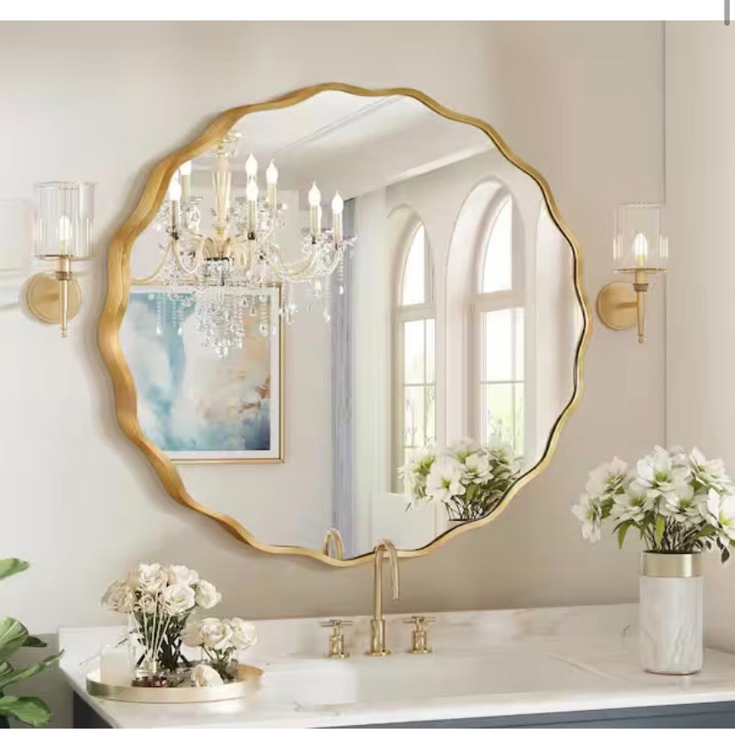 31.5 in. W. x 31.5 in. H Round Gold Aluminum Alloy Framed Scalloped Wavy Wall Mirror