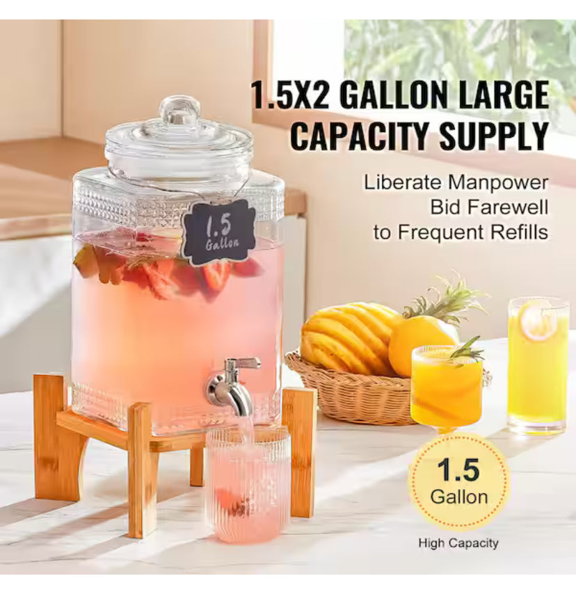 2 gal. Beverage Dispenser, Glass Drink Dispenser with Stainless Steel Spigot, Iced Tea, Lemonade and Juice Dispenser