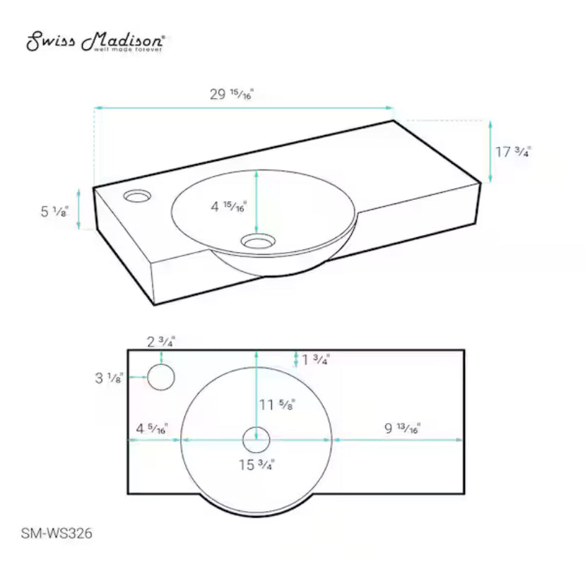 Chateau 29.31 in. Left Side Faucet Wall-Mount Ceramic Rectangular Bathroom Vessel Sink in Glossy White