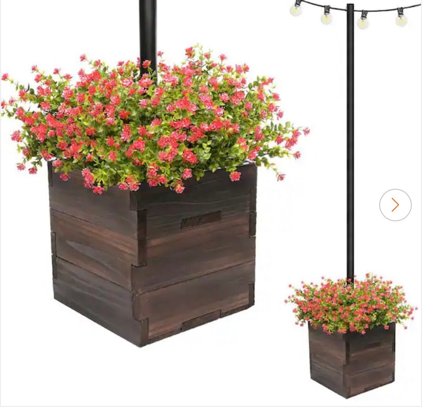Large 14 in. Dark Brown Wooden Planter Box with String Light Pole Sleeve