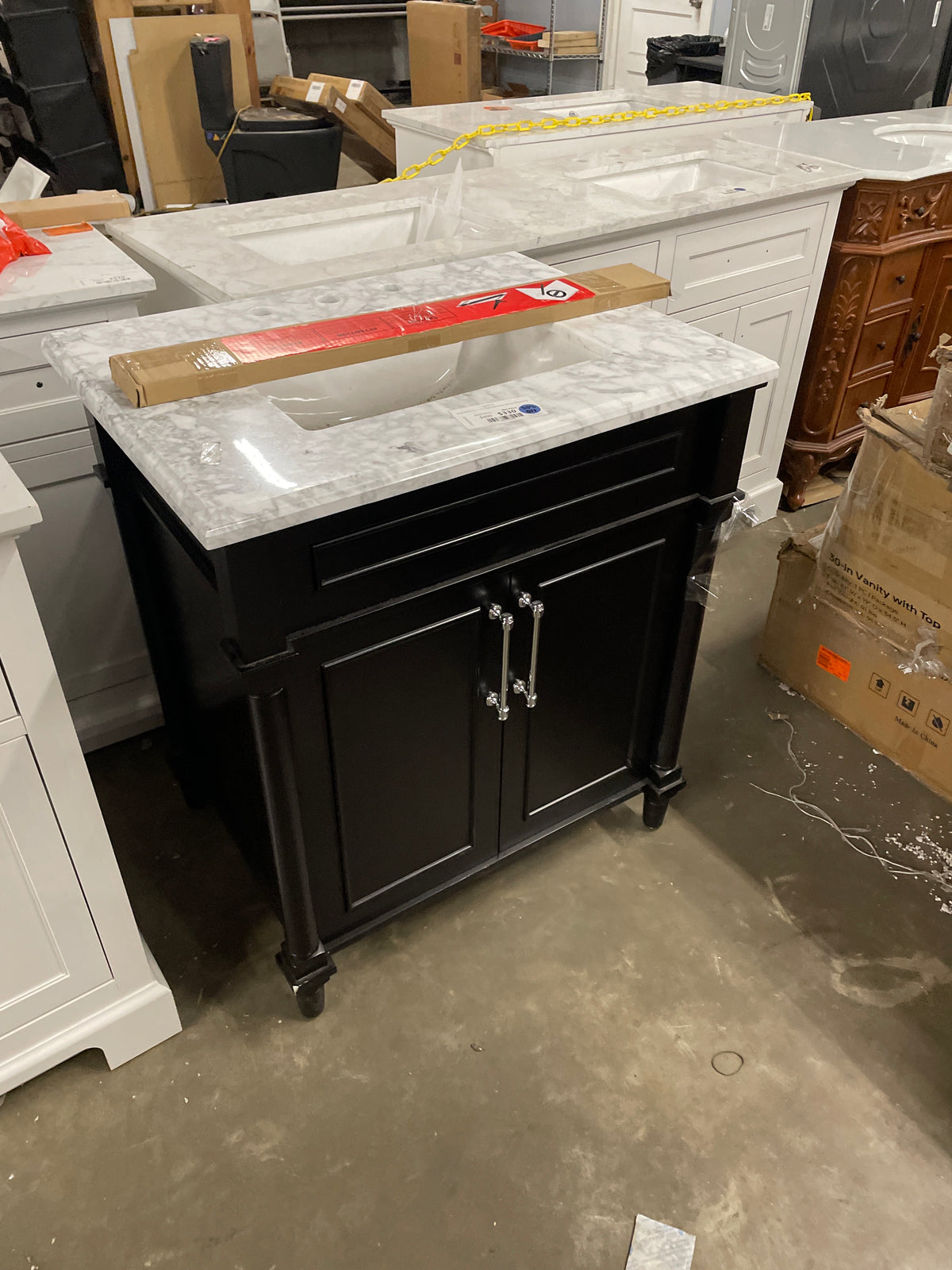 Aberdeen 30 in. W x 22 in. D x 34 in. H Single Sink Bath Vanity in Black with Carrara Marble Top (cracked)