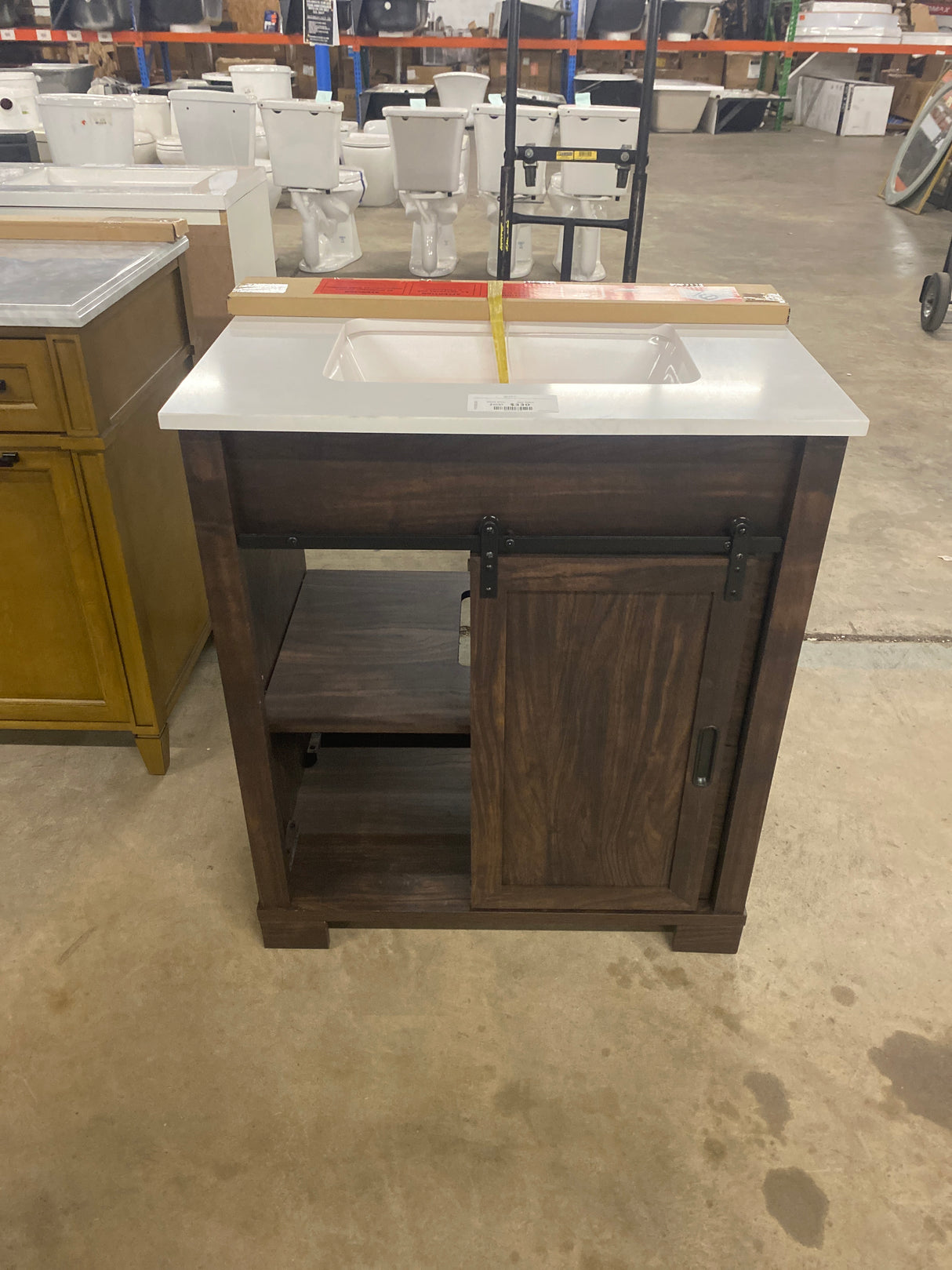 Brindley 30 in W x 20 in D x 35 in H Single Sink Freestanding Vanity in Dark Walnut w/ Veined White Engineered Stone Top
