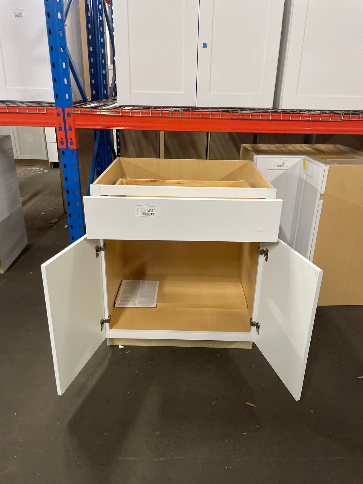 Shaker Satin White Stock Assembled Base Kitchen Cabinet with Ball-Bearing Drawer Glides (30 in. x 34.5 in. x 24 in.)