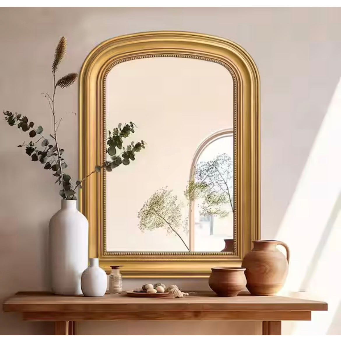 23.6 in. W x 33.5 in. H Baroque Antique Brass Vintage Wooden Frame Arched Wall Mirror