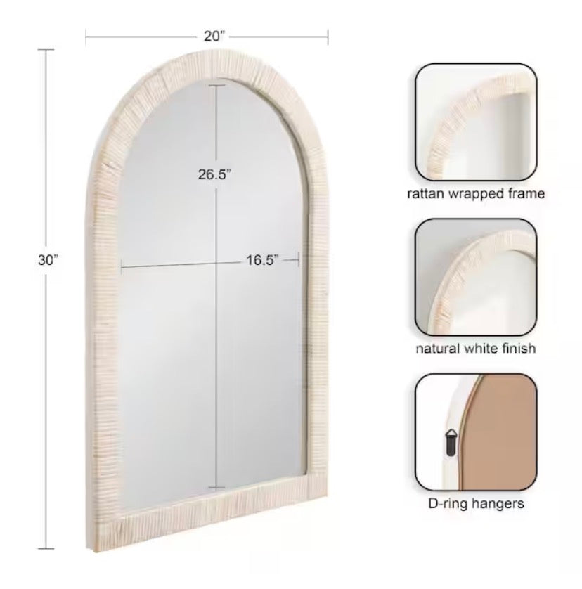 Rahfy White 20 in. W x 30 in. H Arch Natural Material Framed Mirror