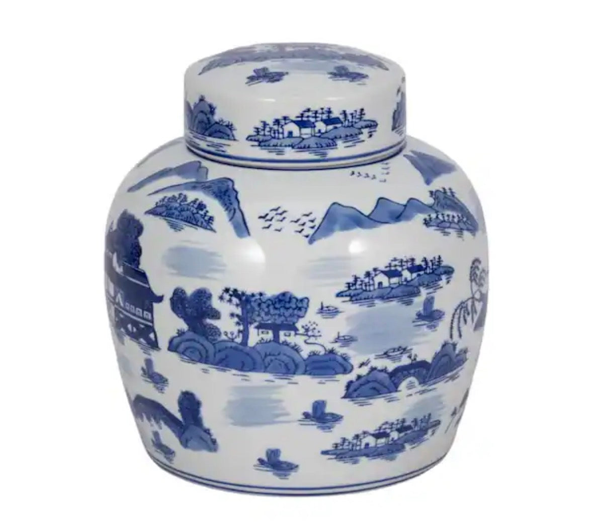 9 in. Blue Ceramic Rounded Chinoiserie Jar with Lid