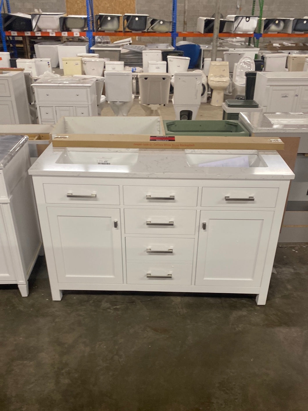 Jasper 54 in. W x 22 in. D Bath Vanity in White with Engineered Stone Vanity Top in Carrara White with White Basins