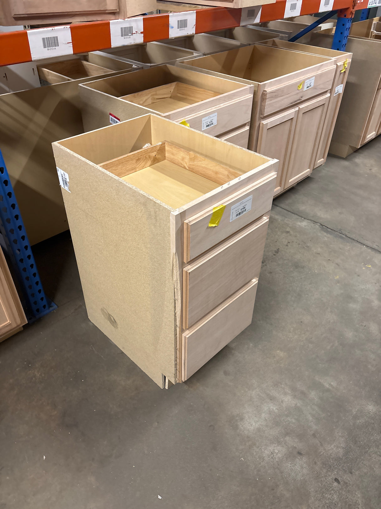 Recessed Panel 18 in. W x 24 in. D x 34.5 in. H Assembled 3 Drawer Base Cabinet in Unfinished