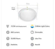 Load image into Gallery viewer, 10.5-Watt Integrated LED Flush Mount 7.5 in. White Round Dimmable Flat Panel Ceiling with Color Change 5CCT
