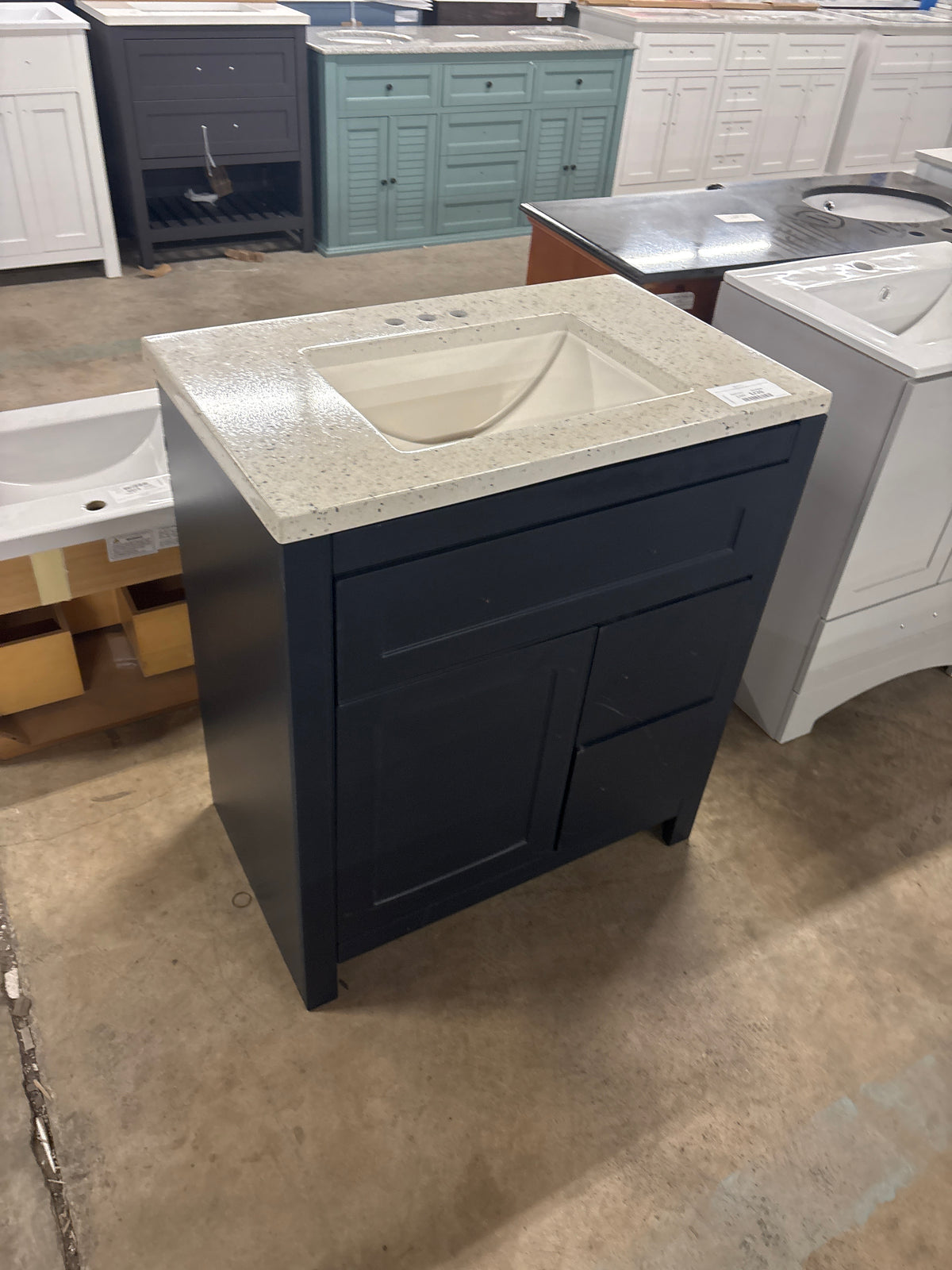 Clady 31 in. W x 19 in. D x 35 in. H Single Sink Bath Vanity in Deep Blue with Silver Ash Cultured Marble Top