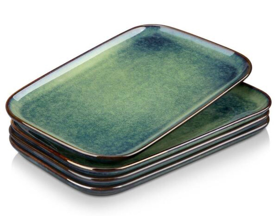 Green Serving Platter Set Stoneware Serving Plates Set of 4 Rectangular Serving Dish for Snacks Desserts Side Dishes
