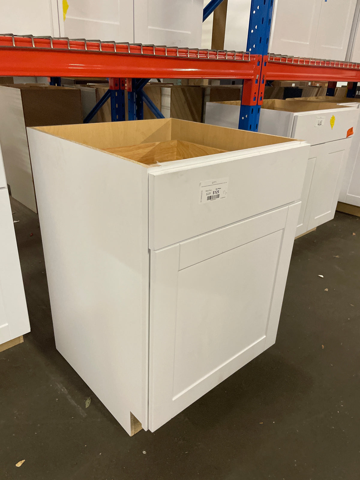 Shaker Satin White Stock Assembled Base Kitchen Cabinet with Ball-Bearing Drawer Glides (24 in. x 34.5 in. x 24 in.)