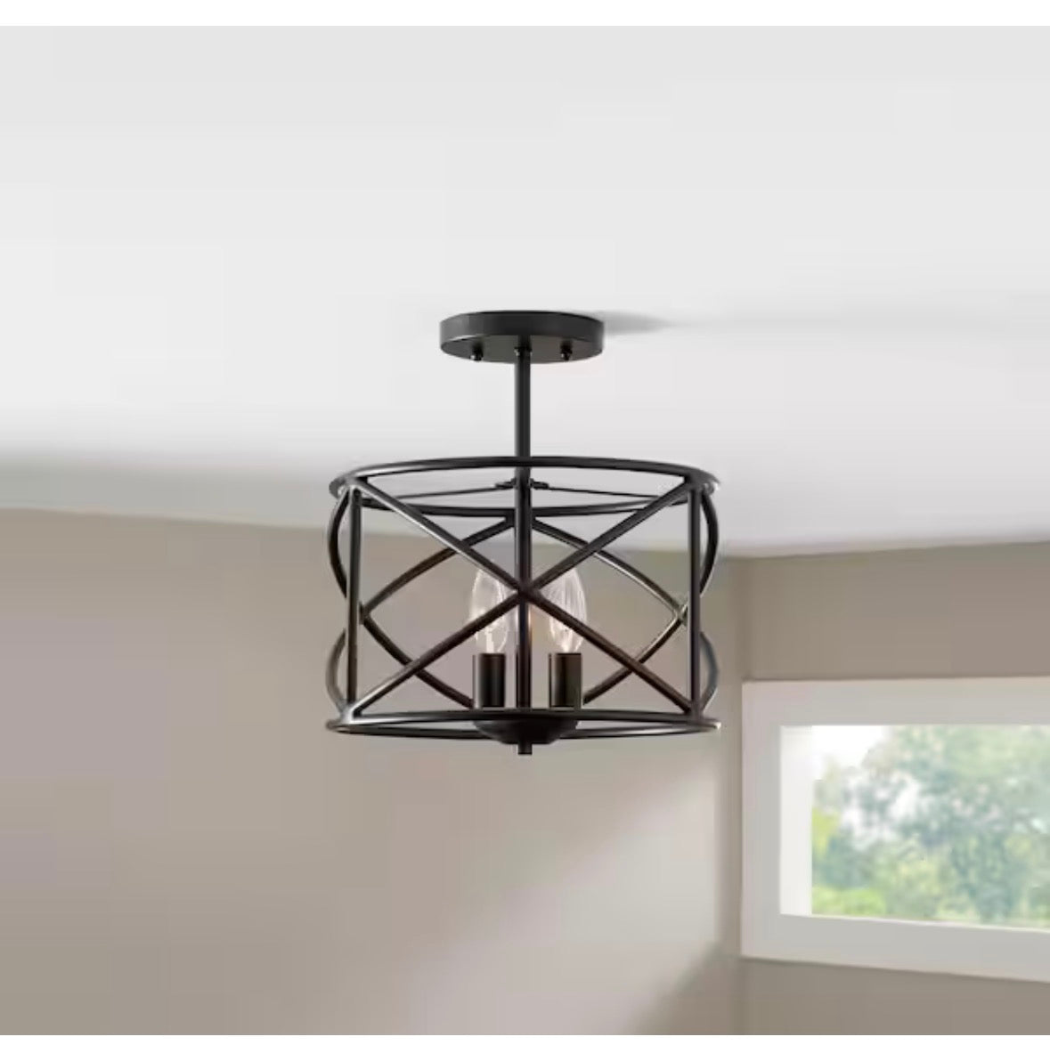 Hastings 13.5 in. 2-Light Oil Rubbed Bronze Modern Entryway Semi-Flush Mount with Open Cage Design