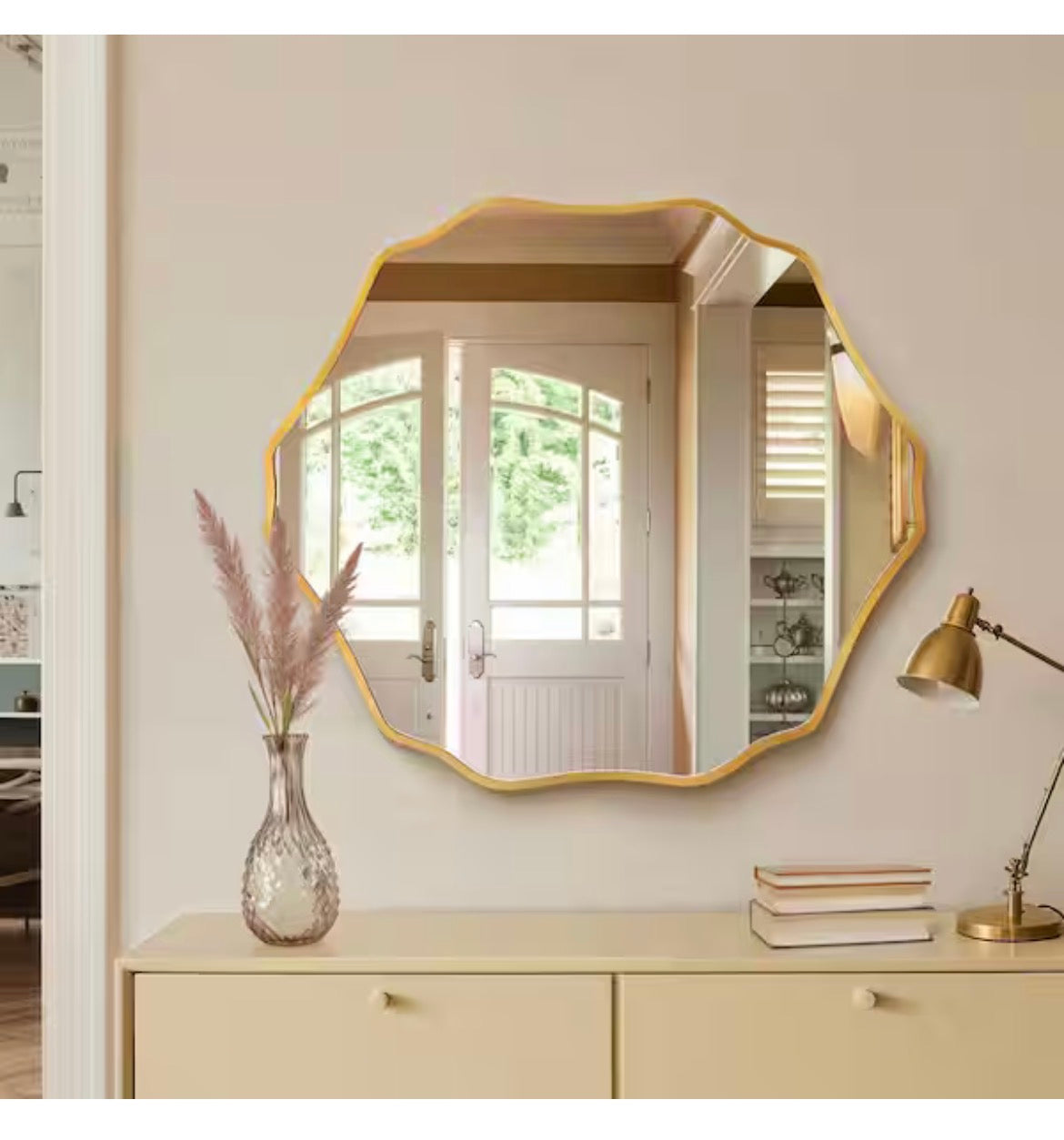 28 in. W x 32 in. H Scalloped Gold Aluminum Alloy Framed Irregular Wall Mirror