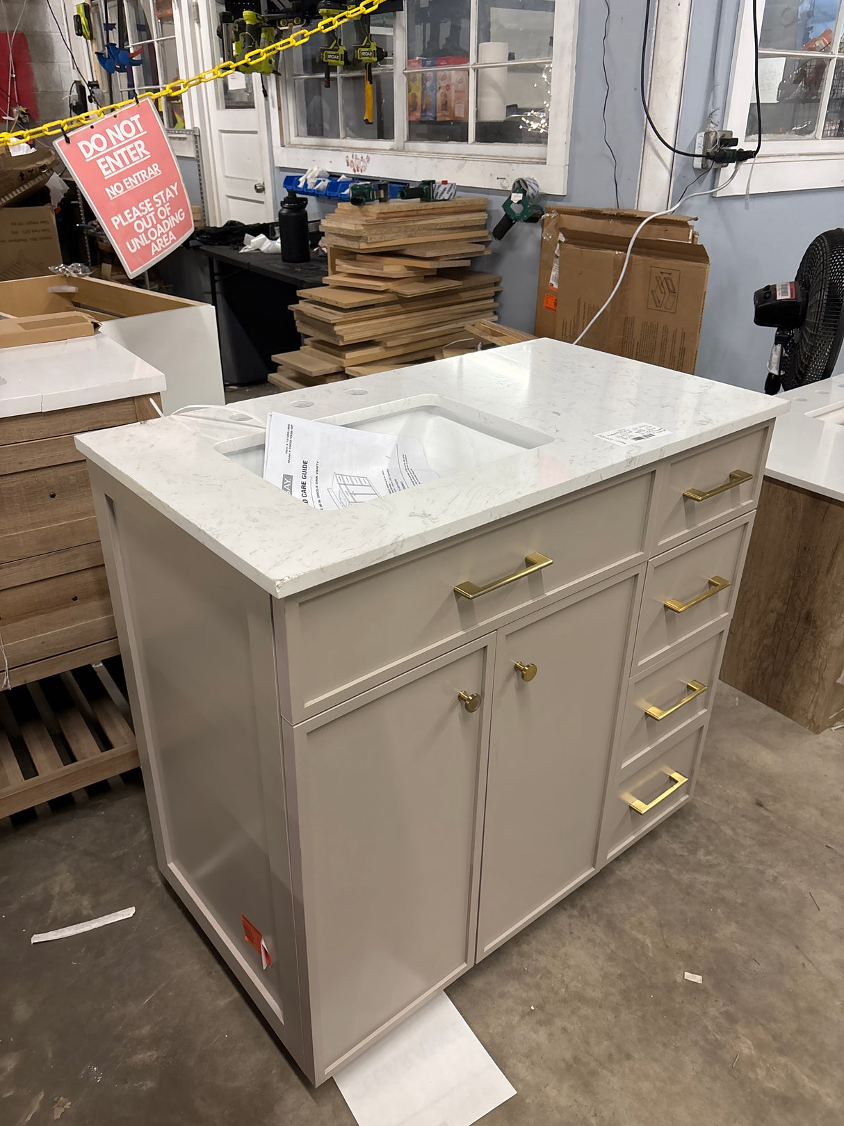 Marcote 36 in. Single Sink Freestanding Bathroom Vanity in Greige with White Volakas Engineered Marble Top