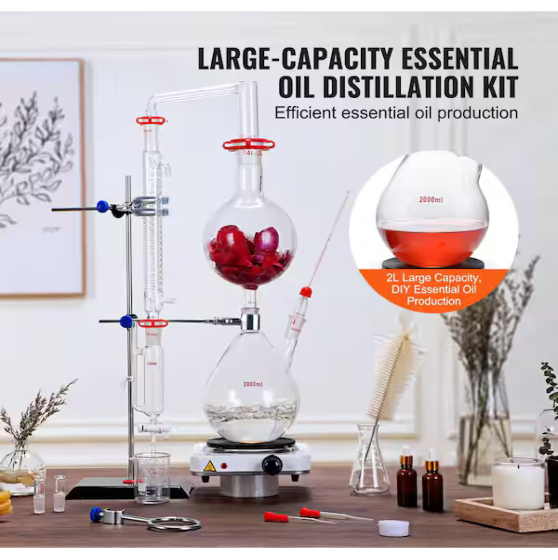 Essential Oil Distillation Kit, Distillation Apparatus, Glassware Distillation Kit with Heating Plate, 28-Pieces