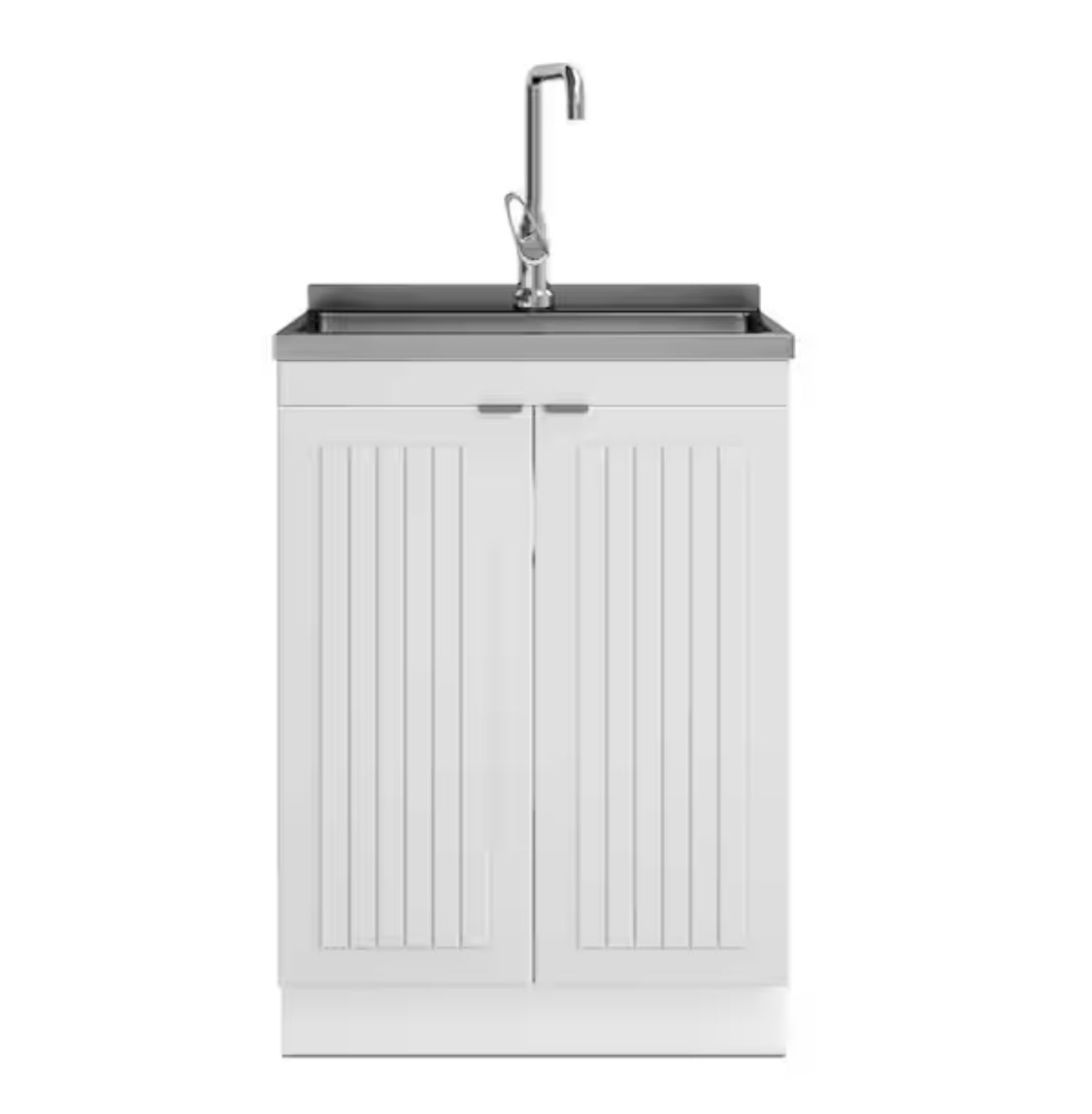 White Laundry Tub Cabinet with Single Stainless Steel Drop-in Laundry/Utility Sink and Stainless Steel Faucet Combo