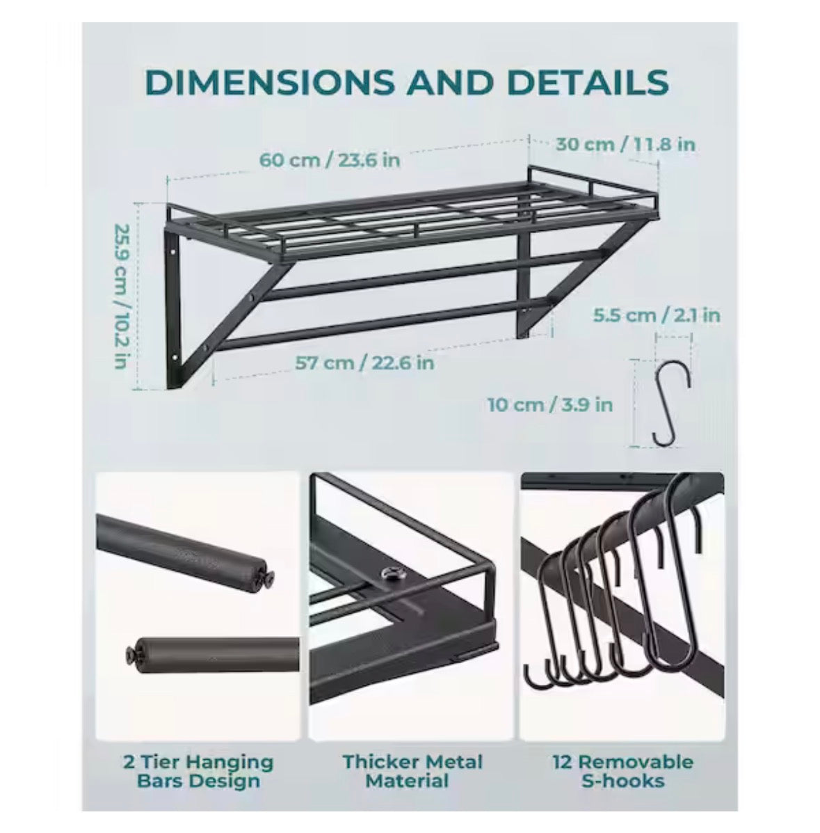 Black 23.6 in. Wall Mounted Pot Rack Storage Shelf with 2-Tier Hanging Rails and 12 S Hooks