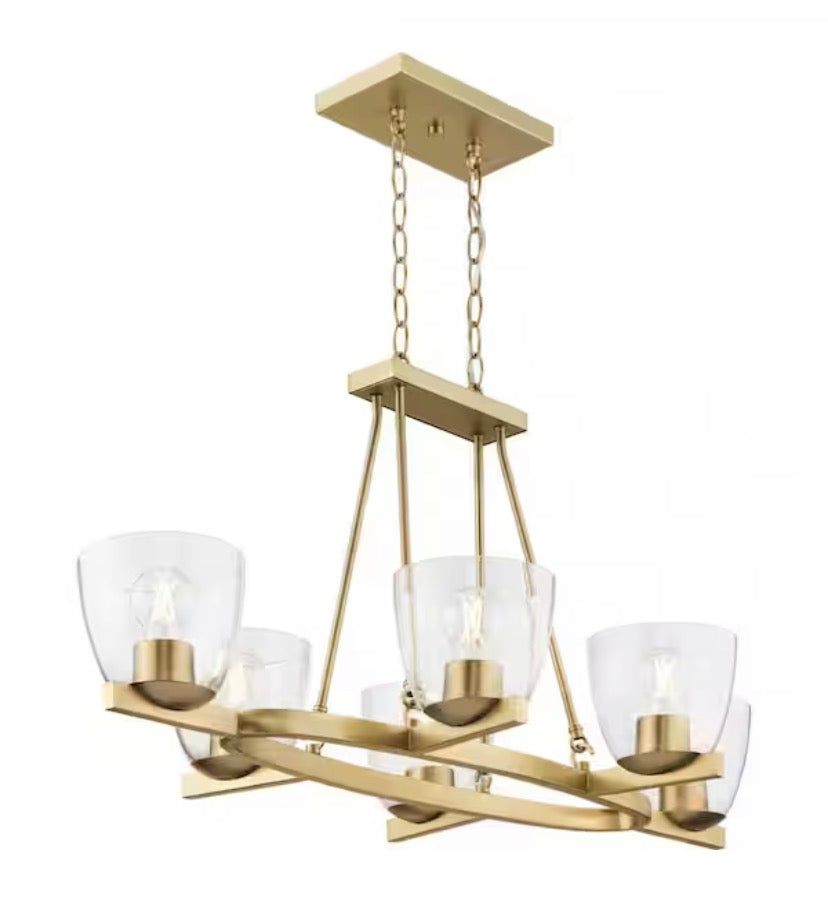 Tamassee Collection 6-Light Brushed Gold Updated Traditional Linear Chandelier with Clear Glass Shades for Dining Room
