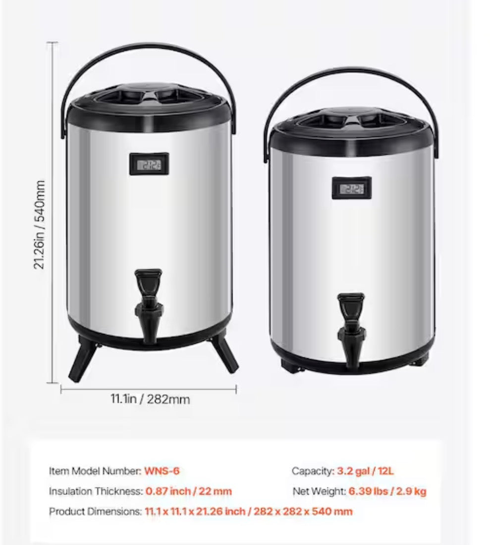 3.2 Gal. Stainless Steel Insulated Beverage Dispenser 2 Pack with Spigot and Temp Display for Hot & Cold Drinks in Cafes
